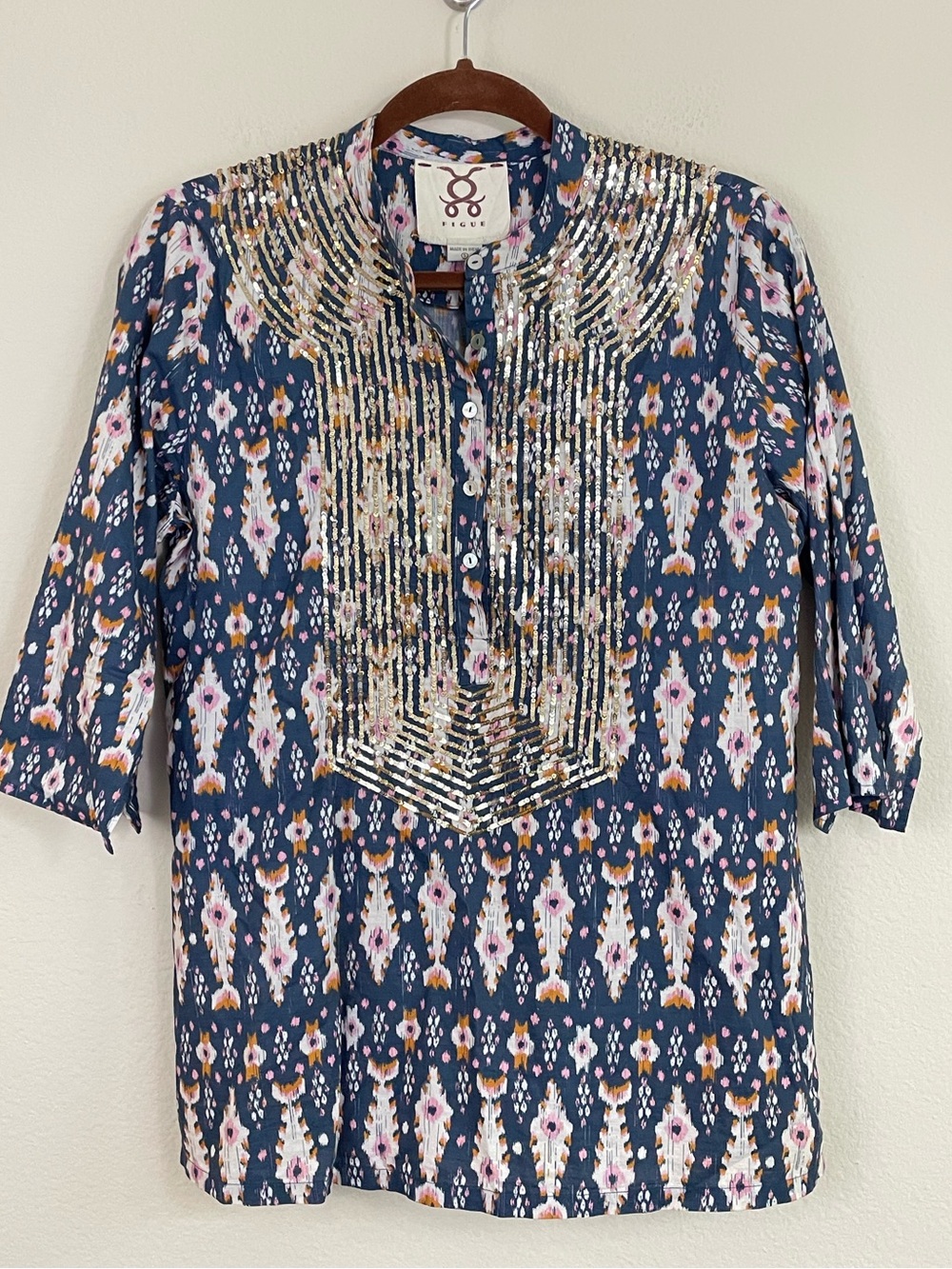 Figue Ikat Print 3/4 Sleeves Sequined Top Size Small Boho-Beachy